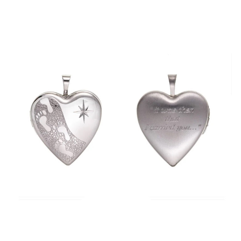 Foot Prints Heart Locket by J R Jewellery with intricate engraving and heartfelt message