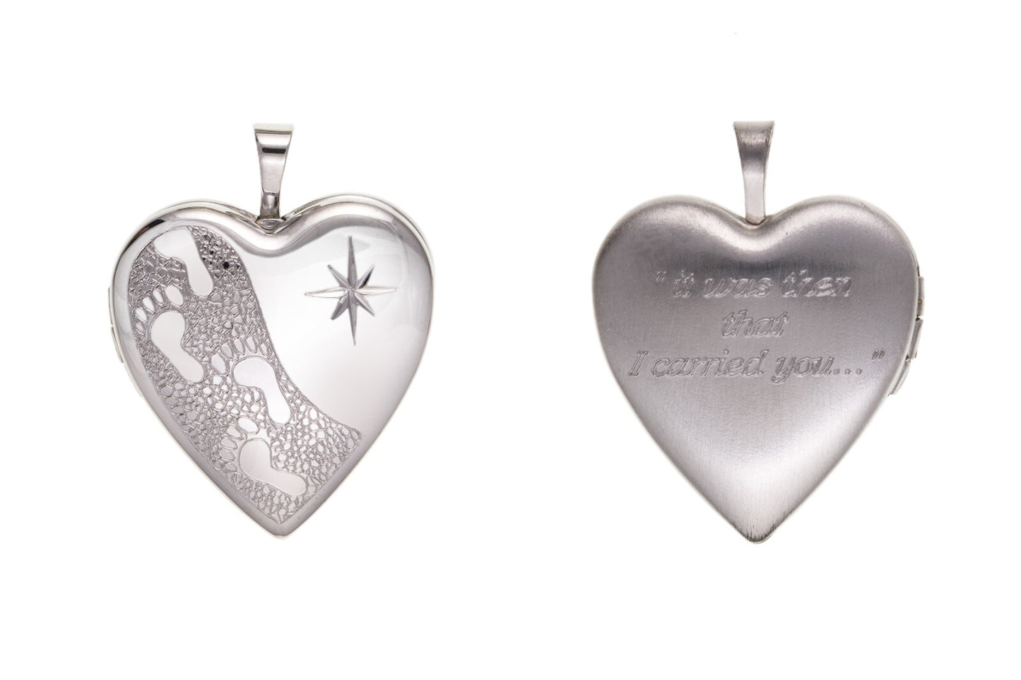 Foot Prints Heart Locket by J R Jewellery with engraved footprints and a touching message