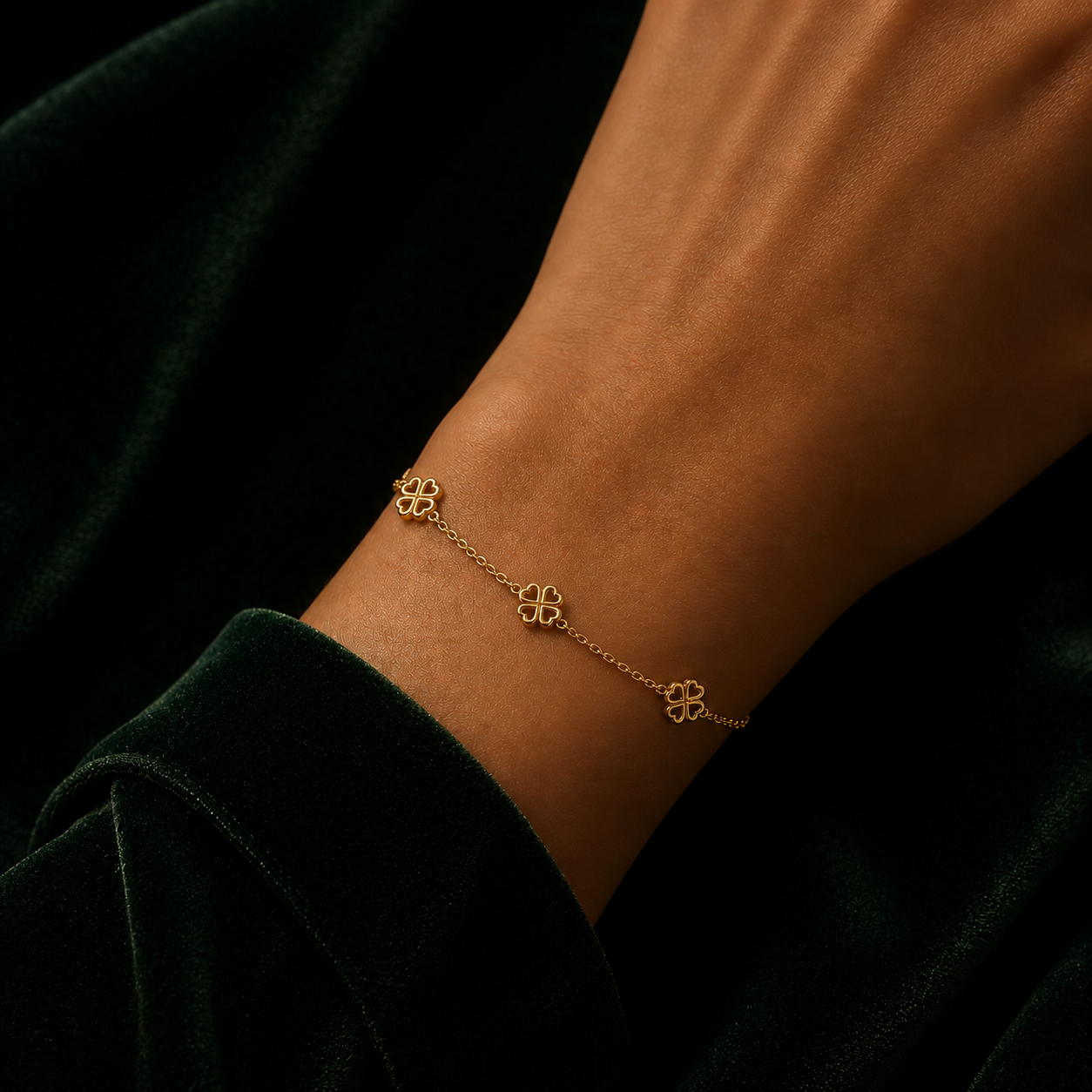 J R Jewellery Four-Leaf Clover Station Bracelet in gold on a wrist against a dark velvet background