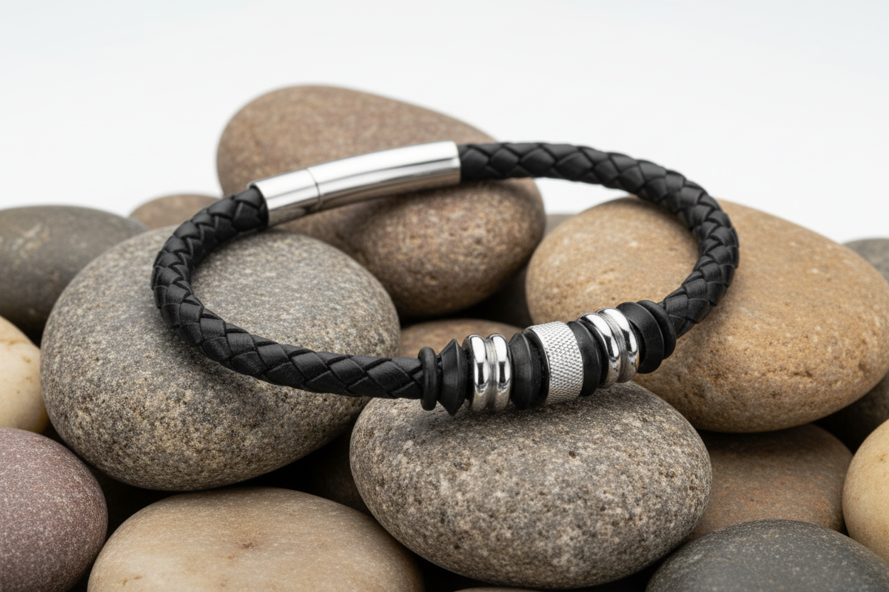 Fred Bennett Black Leather Bracelet with Black IP Beads Bracelet 21cm B3898