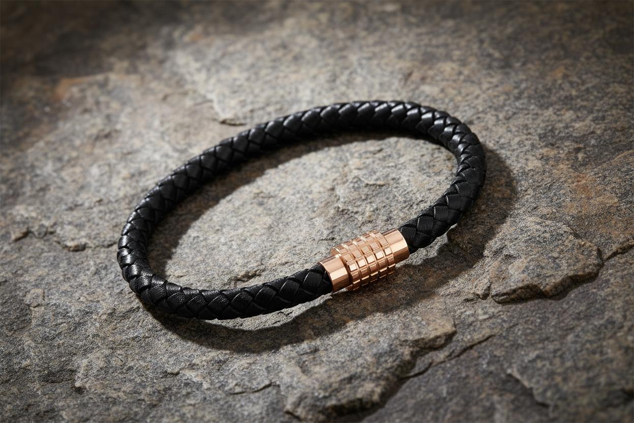 Fred Bennett Black Leather Bracelet with Rose Gold Clasp