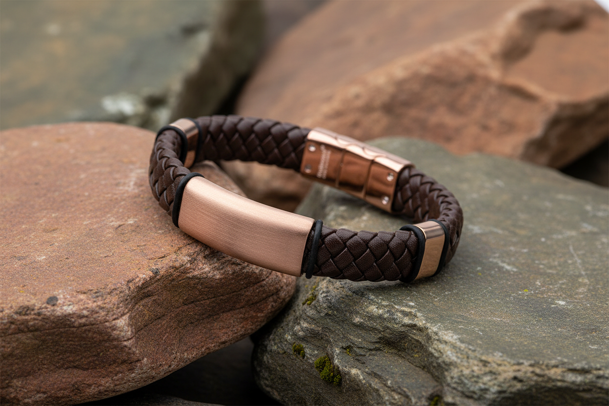 Fred Bennett Woven Brown Leather Bracelet with Coffee Plated Stainless Steel 9"