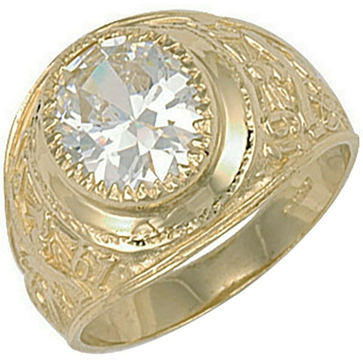 Elegant Gold College Ring with a Large Central Stone and Intricate Detailing