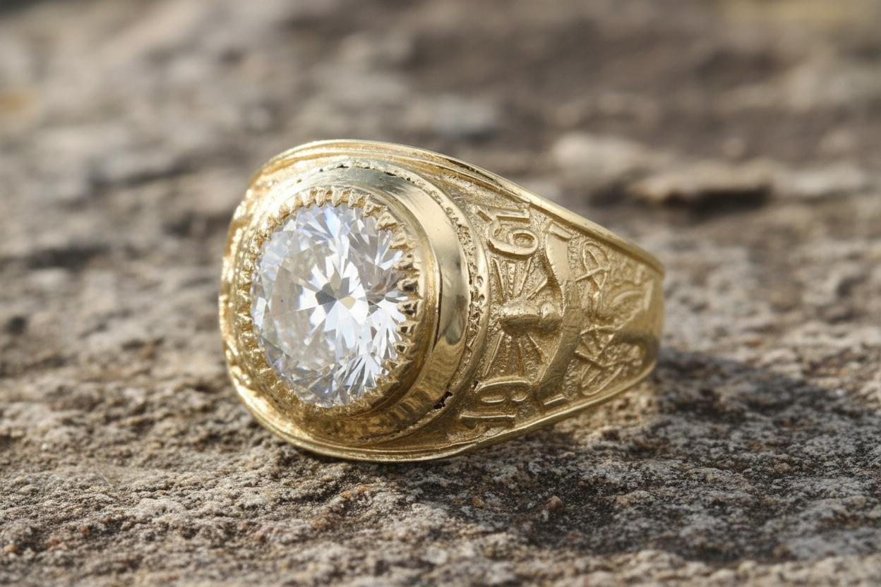 J R Jewellery Gold College Ring with a large sparkling centre stone and detailed engravings
