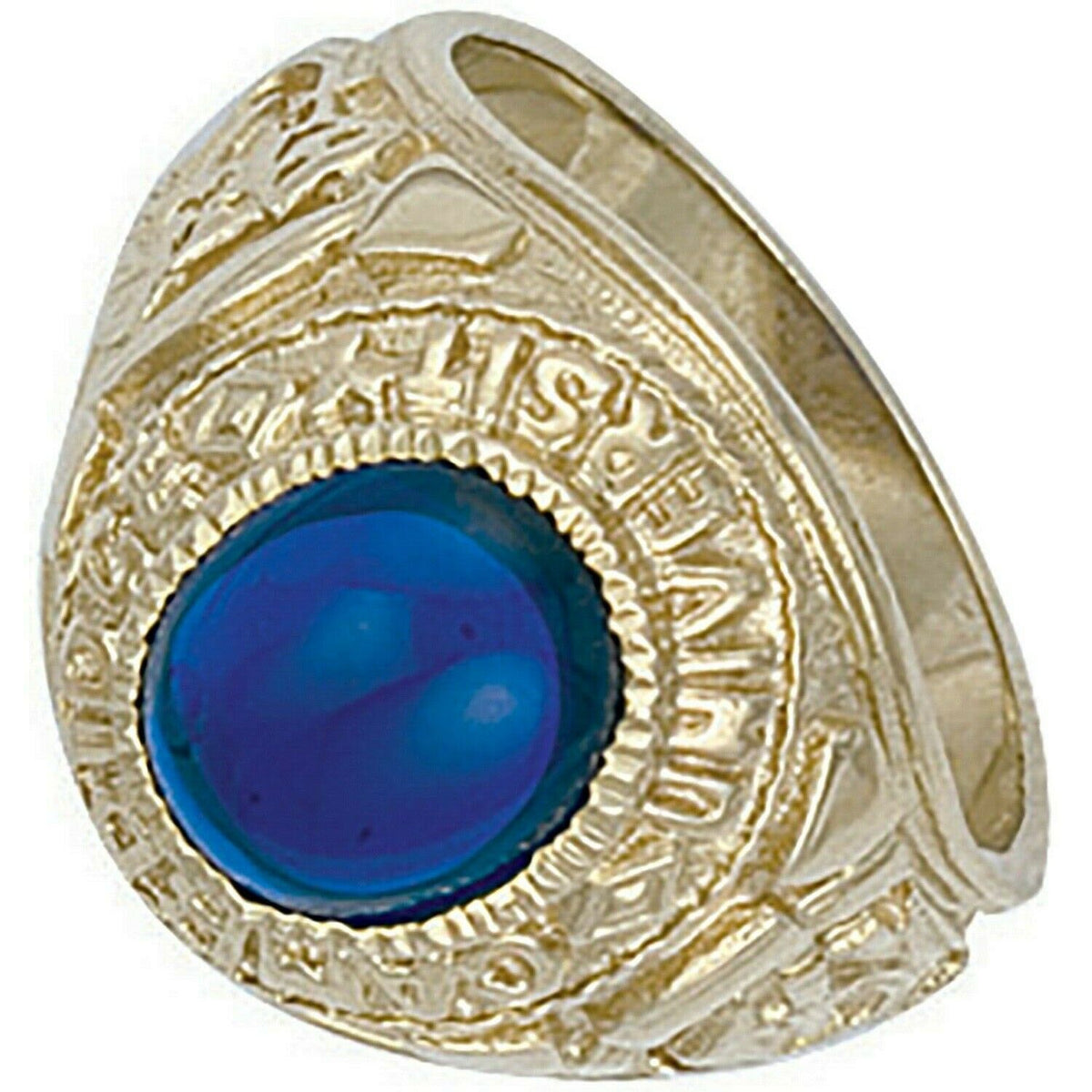 Gold College Ring Graduation University with a blue stone and intricate detailing for graduates