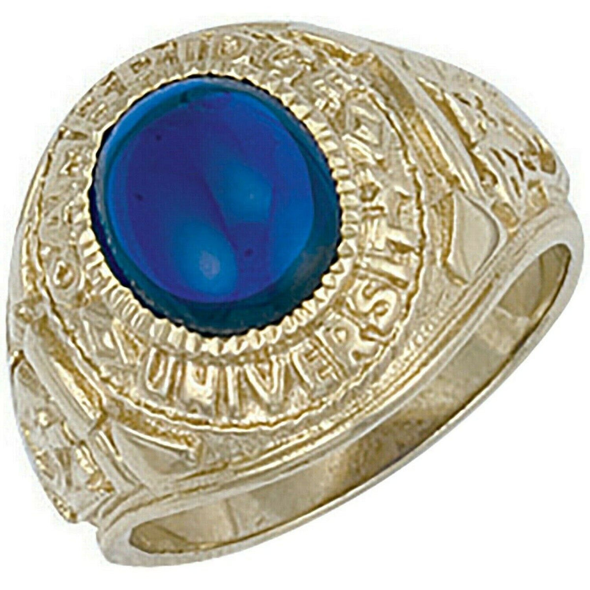 Gold College Ring Graduation University with a Blue Stone and Detailed Engraving by J R Jewellery