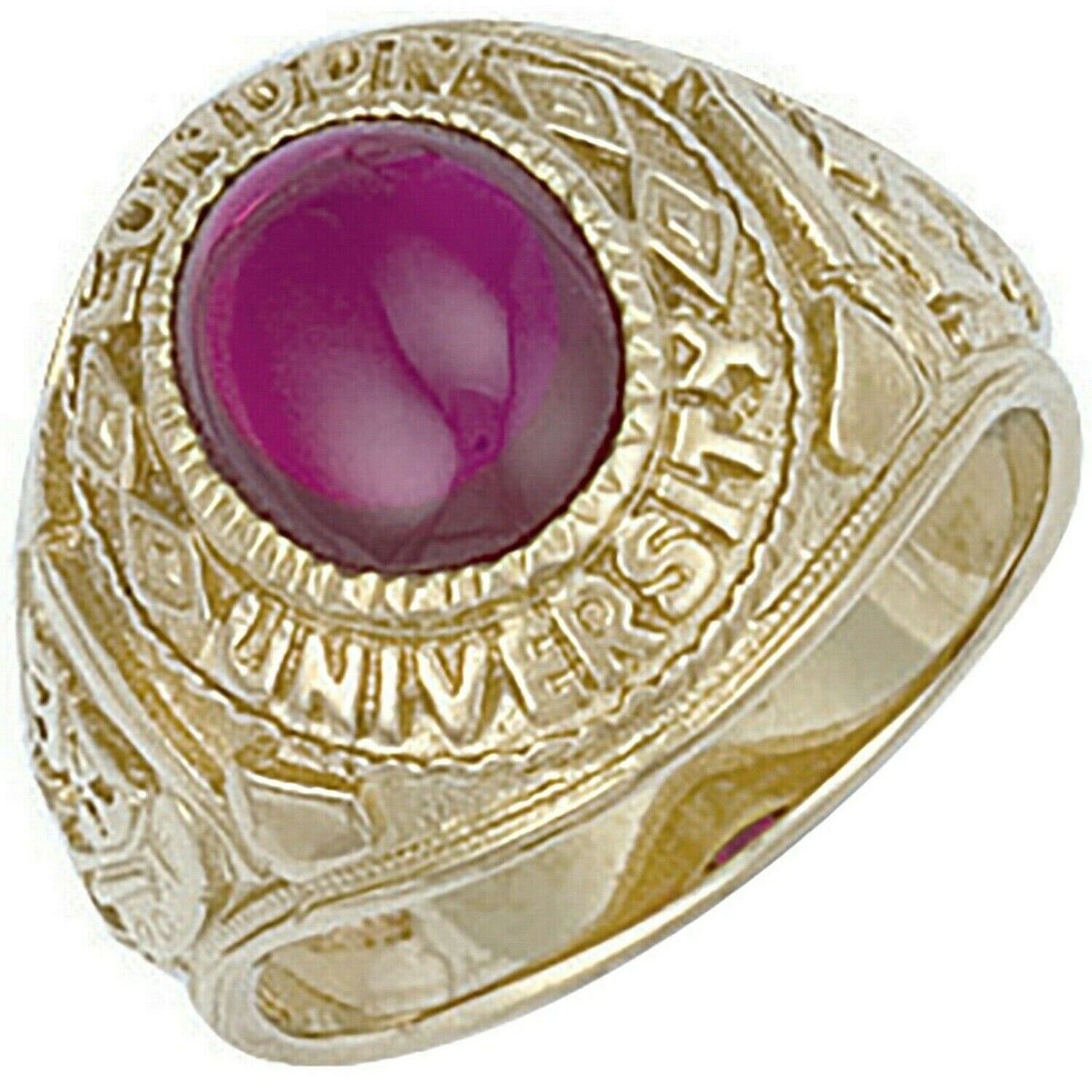 Gold College Ring Graduation University with a central ruby stone and intricate detailing