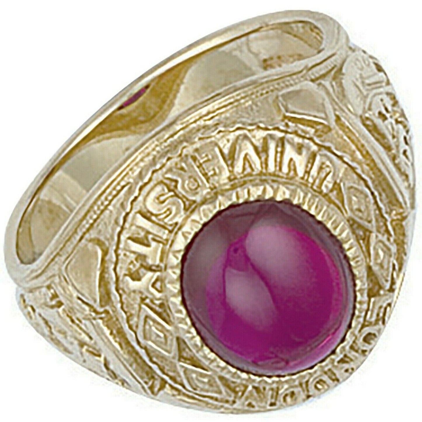 Gold College Ring Graduation University with a detailed design and a vibrant purple gemstone