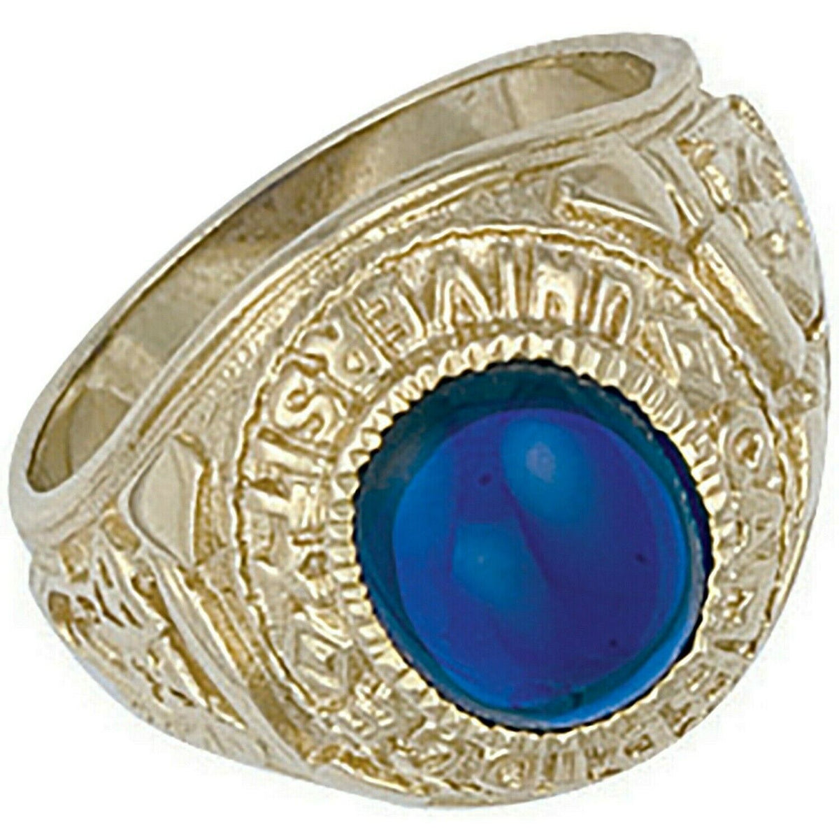 J R Jewellery Gold College Ring Graduation University with a blue gemstone and intricate detailing