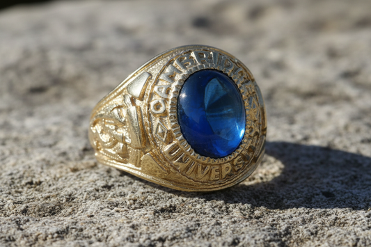 Gold College Ring Graduation University with a blue gemstone and detailed engravings