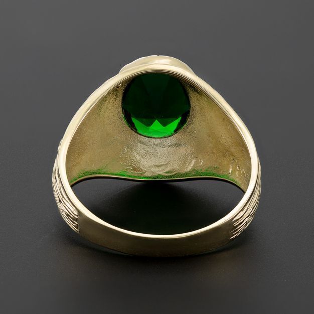 Gold College Ring featuring a large green gemstone, perfect for celebrating academic achievements