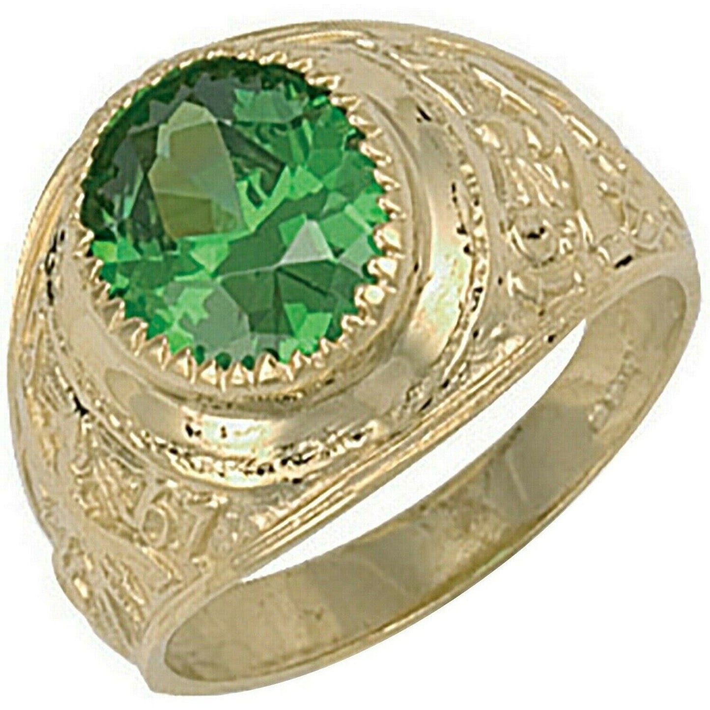J R Jewellery Gold College Ring featuring a green gemstone and intricate detailing on the band