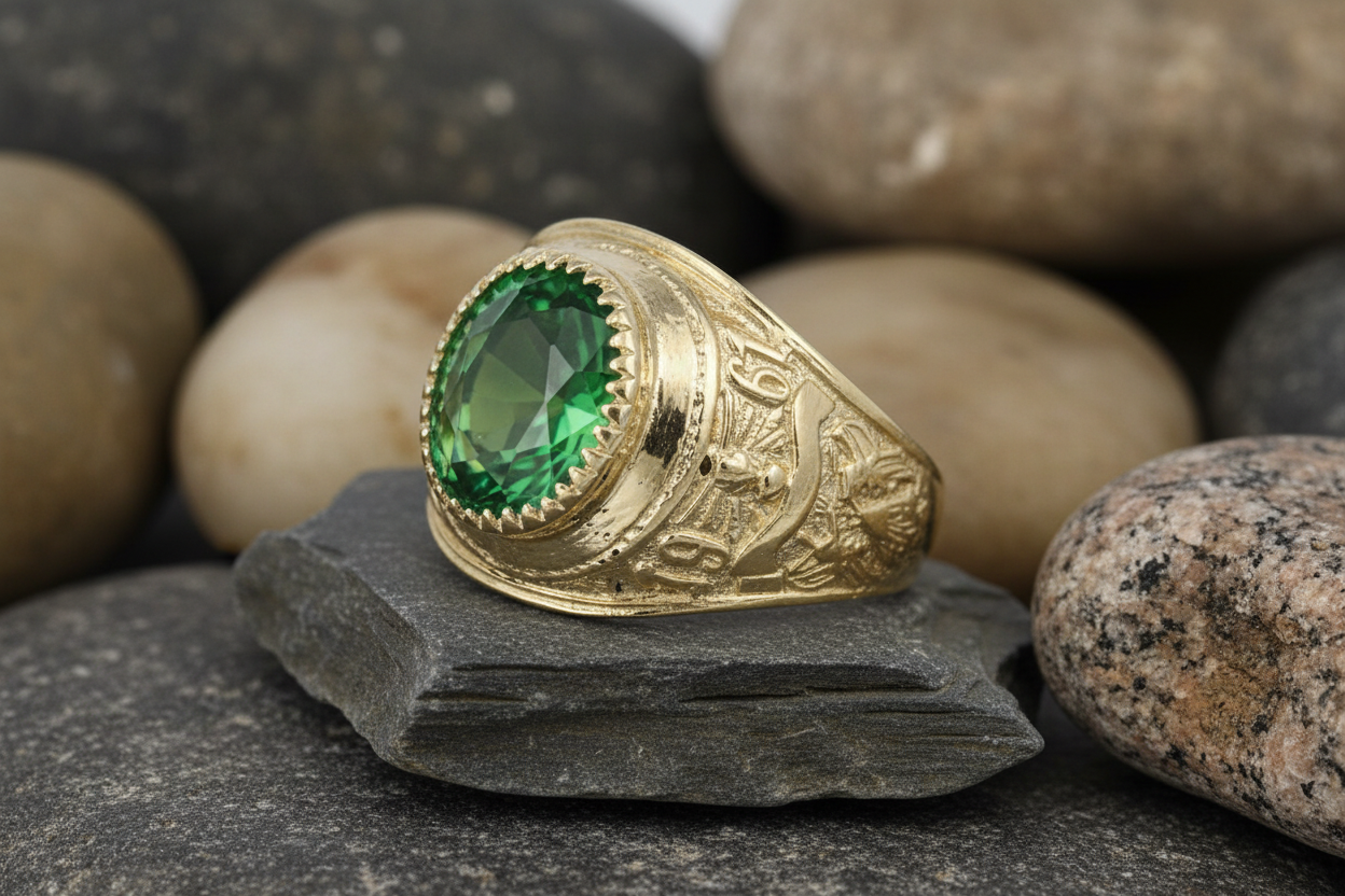 Gold College Ring with a Green Gemstone on a Stone Surface, Ideal for Graduation Celebrations
