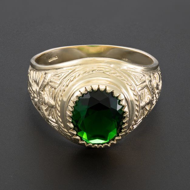 J R Jewellery Gold College Ring featuring a large green gemstone with intricate detailing
