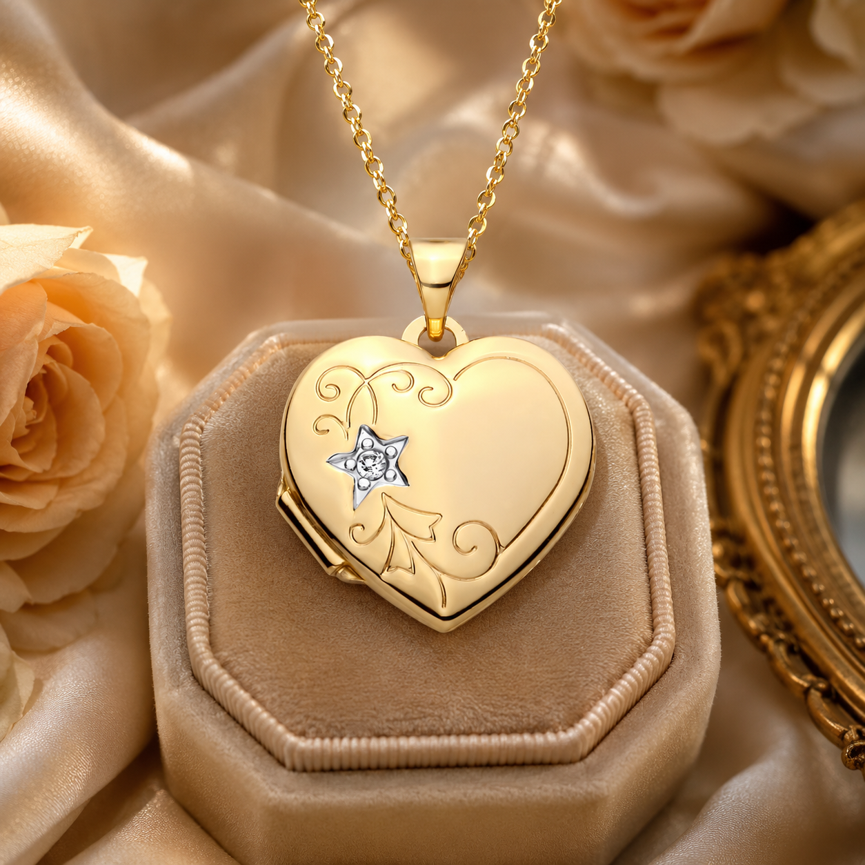 Gold Heart Floral Locket by J R Jewellery, featuring intricate floral designs on a polished finish