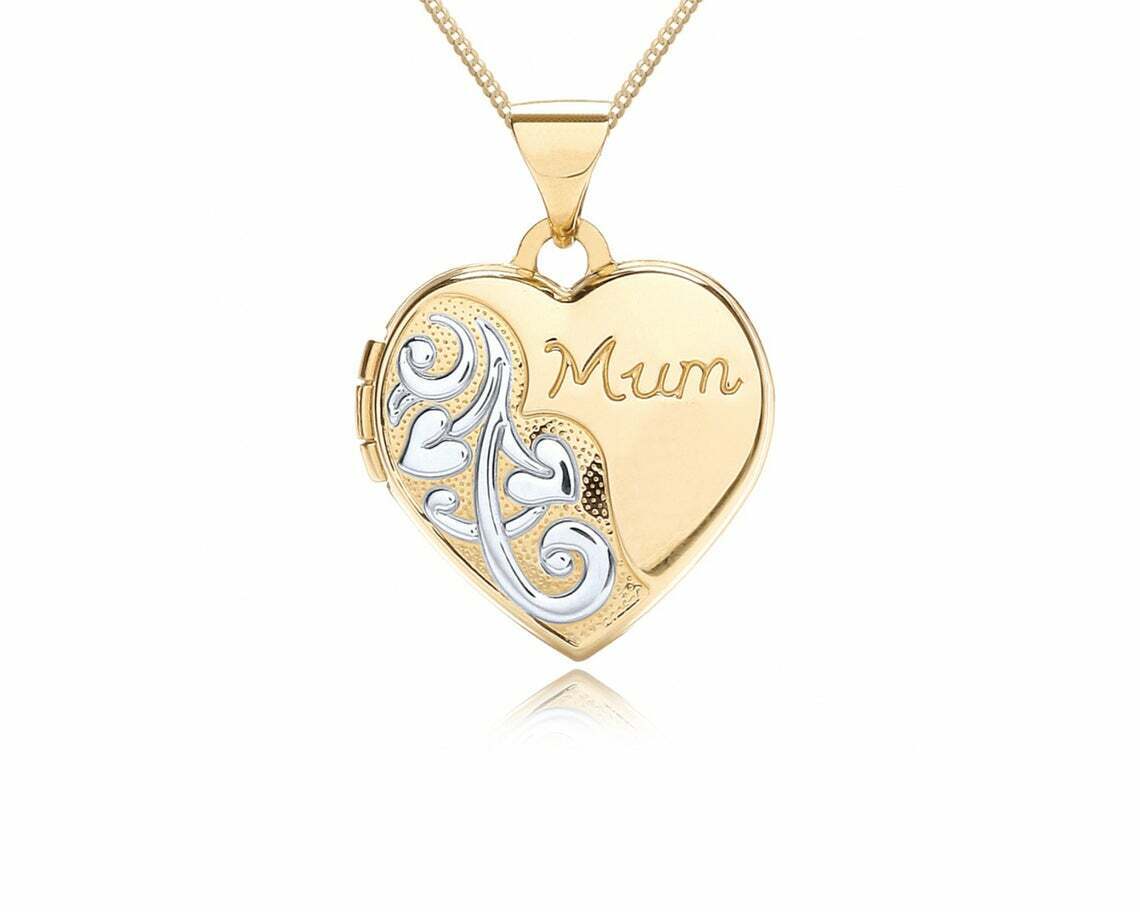 Gold mum heart locket necklace with intricate floral design and polished finish