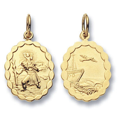 J R Jewellery gold St Christopher pendant featuring detailed engravings of St Christopher and scenic designs