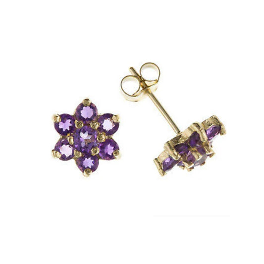9ct Gold Amethyst Earrings Yellow Gold Cluster Stud February Birthstone Hallmark