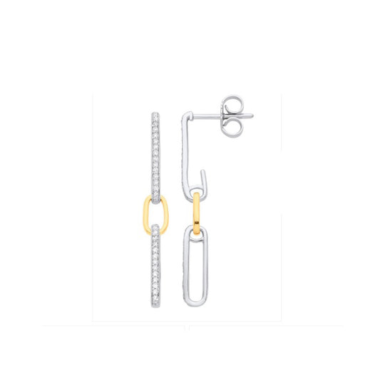 9ct White & Yellow Gold 0.18ctw Link Drop Diamond Earrings Hallmarked 33mm Long