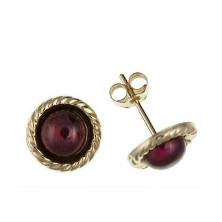 9ct Gold Garnet Stud Earrings Yellow Gold Cabachon Solitaire January Birthstone