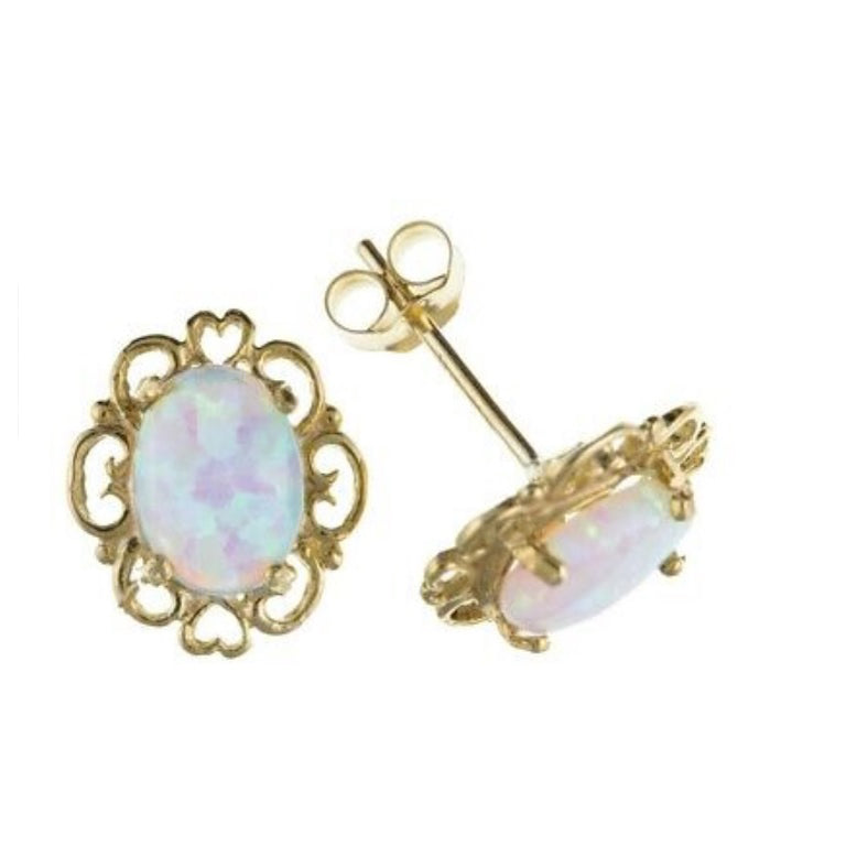 9ct Gold Opal Oval Earrings Heart Edge Yellow Gold October Birthstone Hallmarked