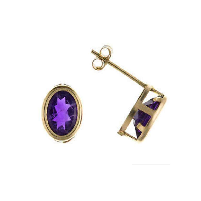 9ct Gold Amethyst Earrings Yellow Gold Oval Stud February Birthstone Hallmark