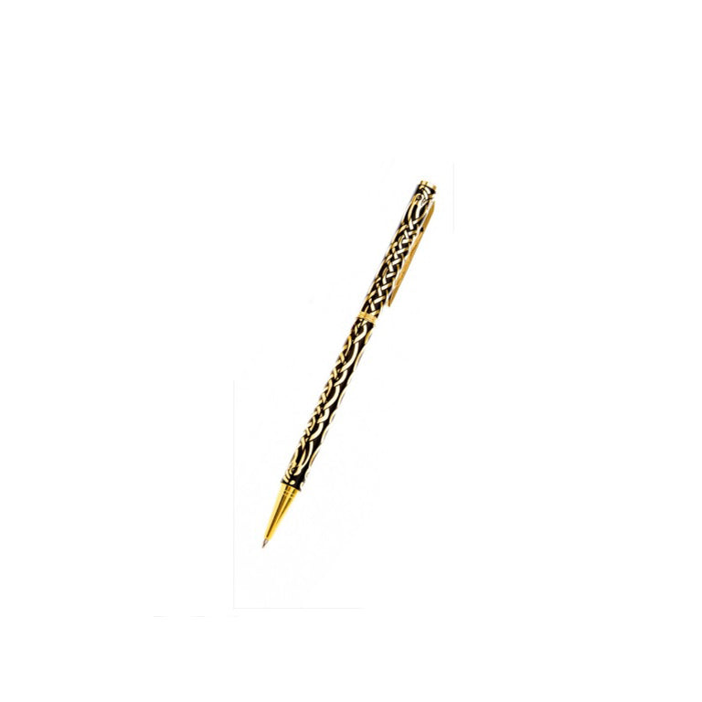 Gold and black designer Celtic ballpoint pen with intricate Celtic knot patterns by J R Jewellery