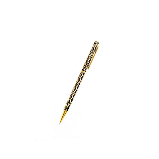Gold and black designer Celtic ballpoint pen with intricate Celtic knot patterns by J R Jewellery