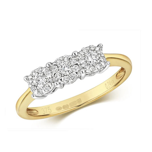 Real Diamond Ring Three Stone Cluster 9ct Yellow Gold Trilogy 0.24ctw Size J-Q