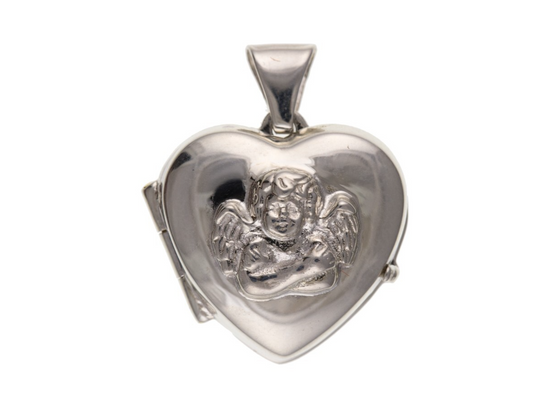 Silver Guardian Angel Heart Locket with detailed angel engraving for cherished memories
