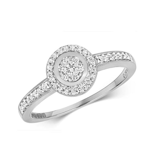 Real Diamond Ring Halo Cluster Engagement 9ct White Gold 0.25ctw Size J - Q