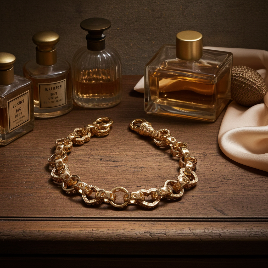 Heart Belcher Ladies Bracelet in gold on a wooden surface with elegant perfume bottles