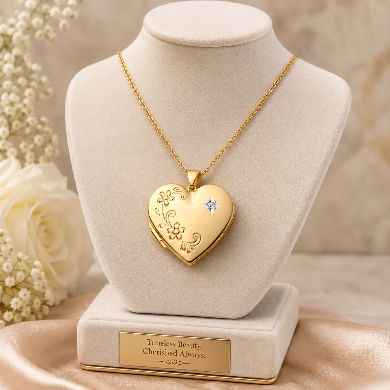 Gold Heart Floral Locket on display, featuring floral engraving and a sparkling gem detail