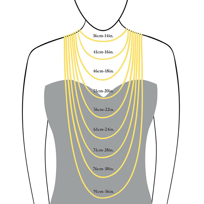 Length guide for heart pendant diamond necklace showing various chain lengths on a mannequin