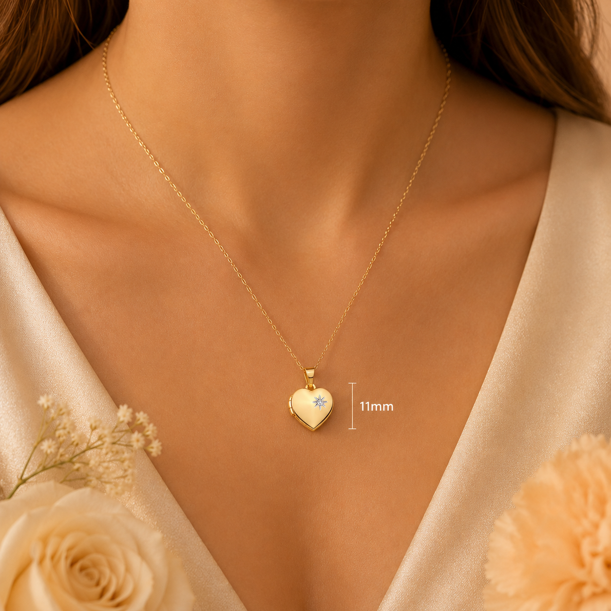 Heart Shaped Gold Locket on a delicate chain, worn elegantly on a woman's neck for a romantic touch