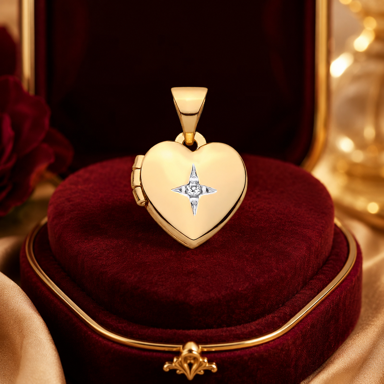 Heart Shaped Gold Locket from J R Jewellery with a star-shaped diamond detail in a plush display case