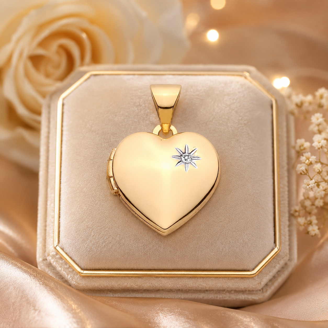 Heart Shaped Gold Locket with a diamond accent displayed on a soft satin background