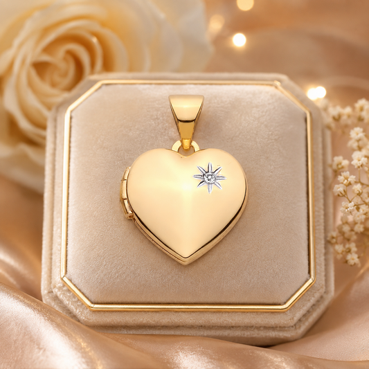 Heart Shaped Gold Locket with a diamond accent displayed on a soft satin background