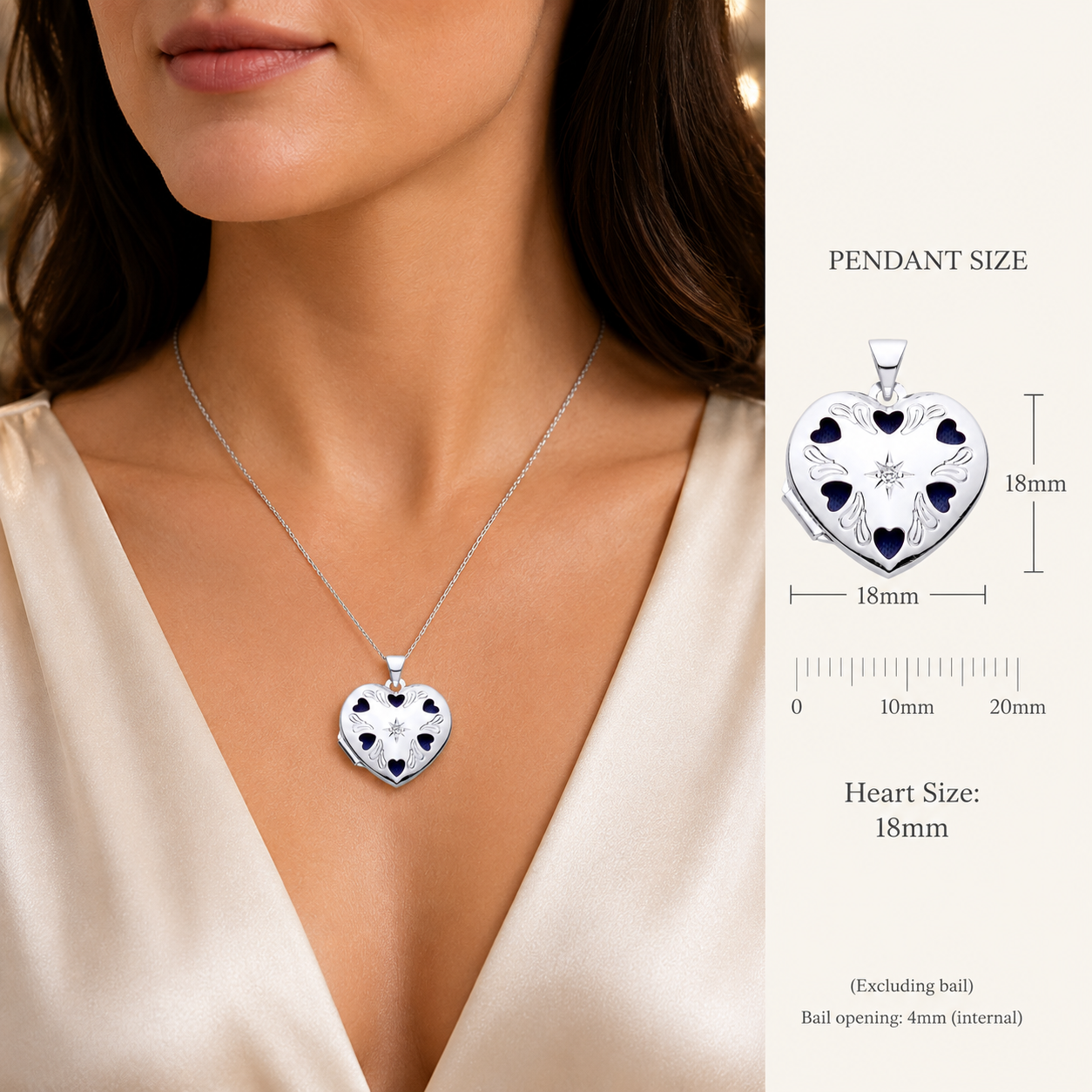 Heart Shaped Locket by J R Jewellery, featuring a detailed design and silver finish, worn on a silver chain.