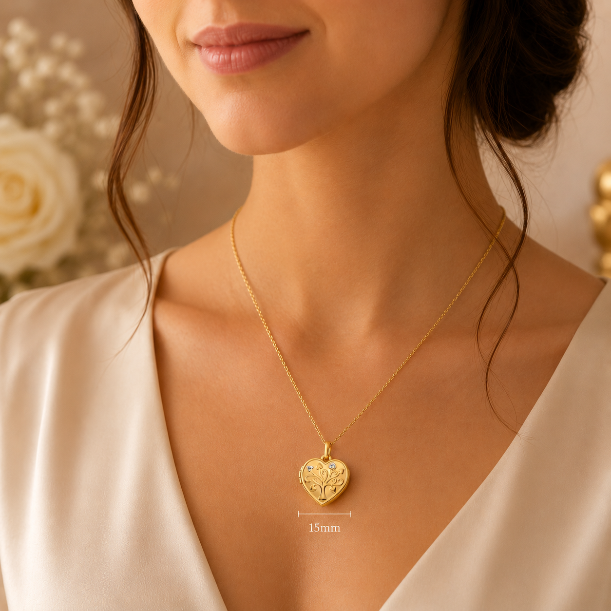 Woman wearing a gold Heart-Shaped Tree Of Life Locket on a delicate chain, accentuating elegance