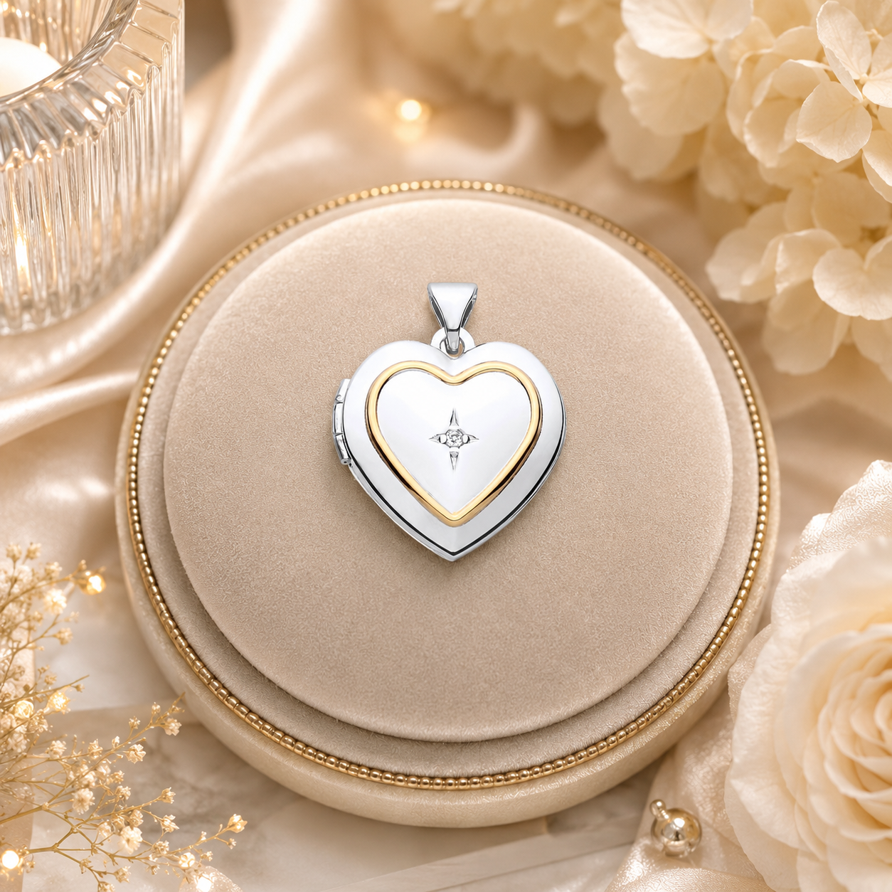 Heart-Shaped Two-Tone Locket by J R Jewellery on a soft display cushion with elegant floral accents
