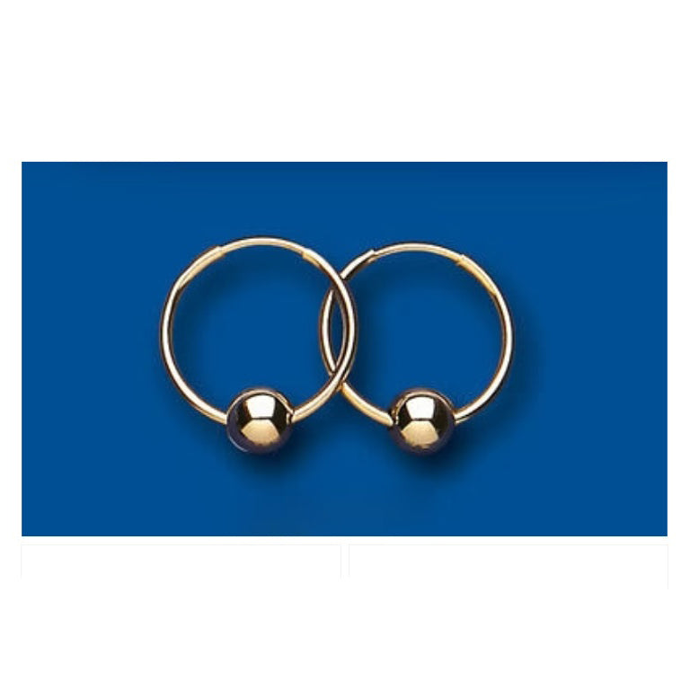 Hoop Earrings Yellow Gold Ball Bead Detail 14mm Sleeper