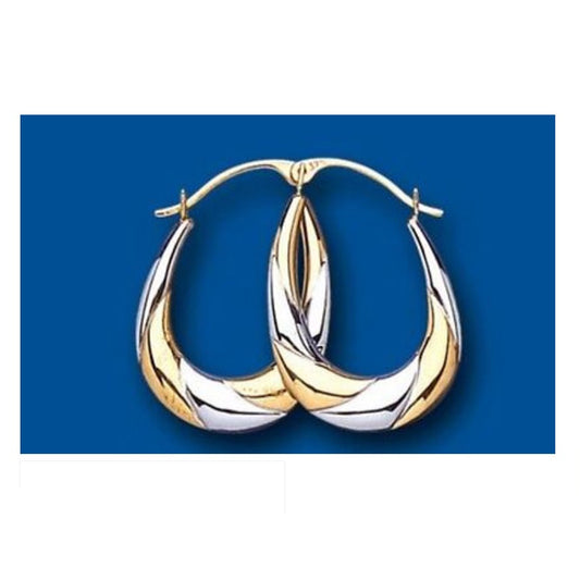 Hoop Earrings Gold Creole Oval Two Colour Yellow and White Gold Hoops