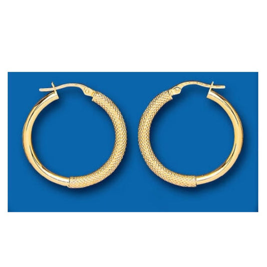 Hoop Earrings Yellow Gold 26mm Textured Hoops Creole Hallmarked