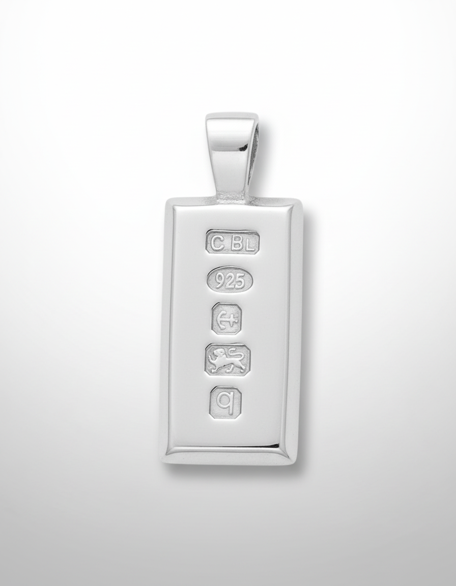 Silver Ingot Pendant with Hallmark Feature from J R Jewellery, showcasing intricate detailing and quality