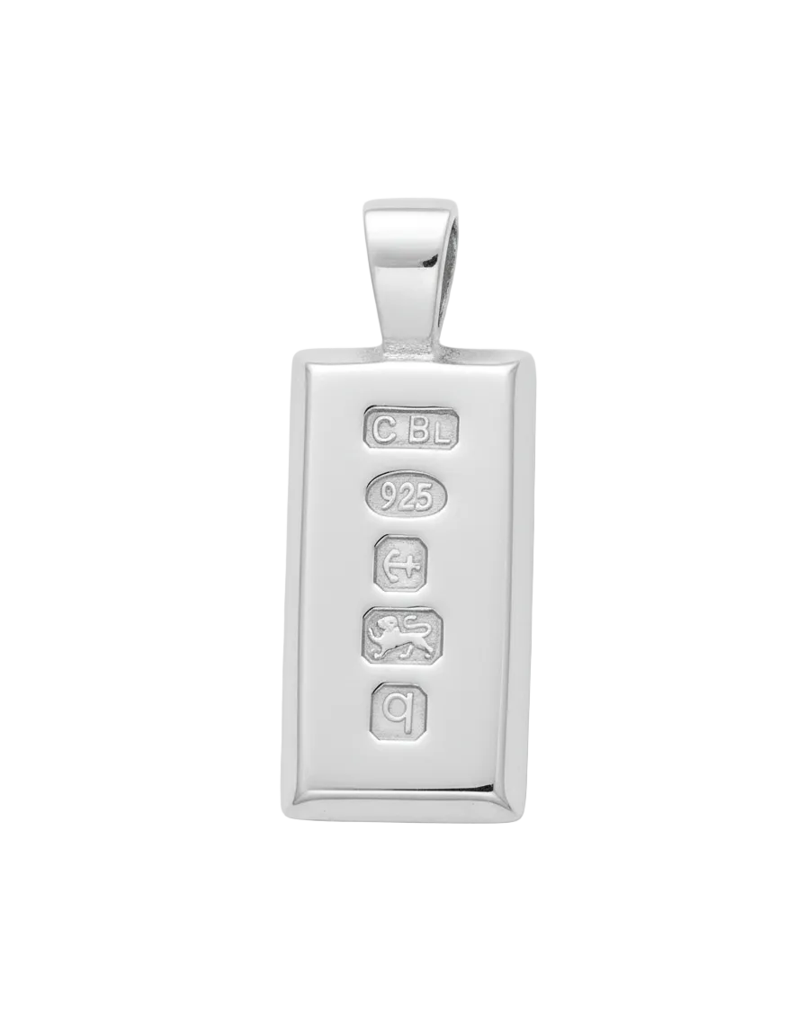 J R Jewellery Ingot Pendant Feature Hallmark in polished silver with embossed details