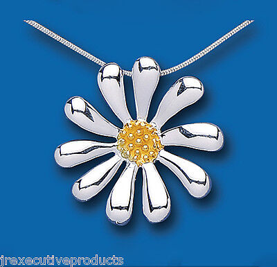 J R Jewellery sterling silver flower pendant necklace daisy design with yellow gold centre on snake chain