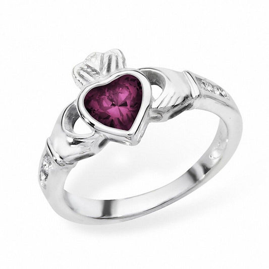 Silver Irish Claddagh Ring with Heart-Shaped Ruby Gemstone and Classic Design