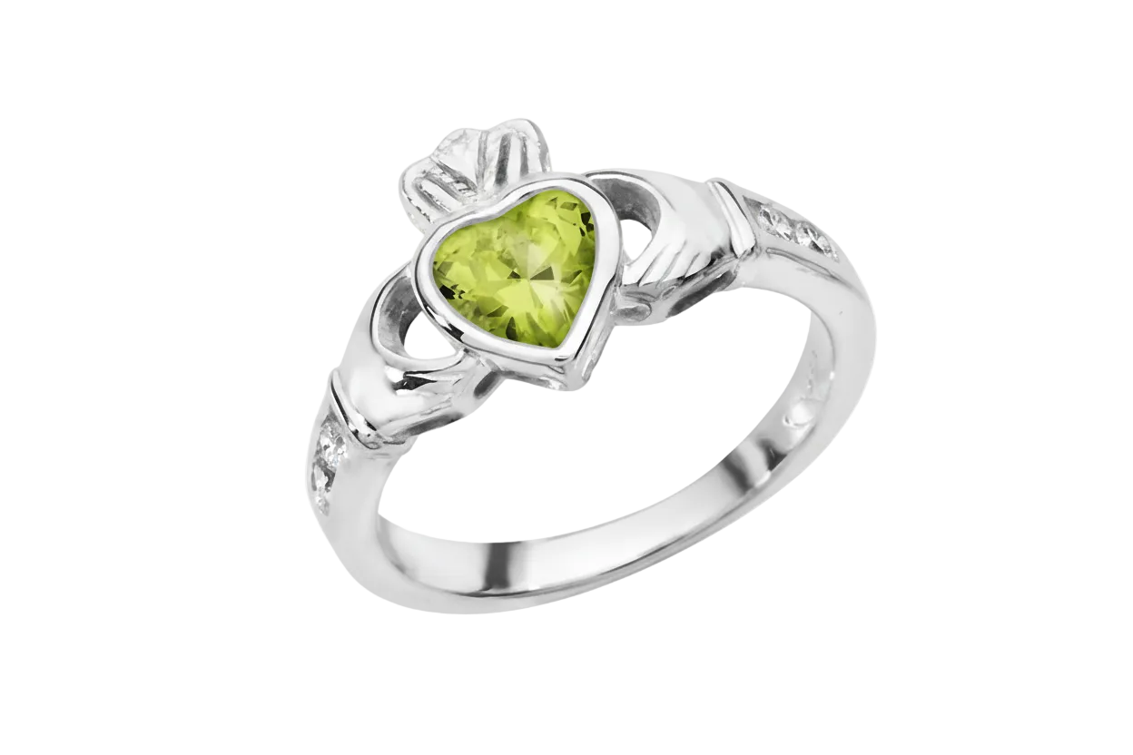 J R Jewellery Irish Claddagh Ring with Heart-Shaped Green Gemstone and Silver Band