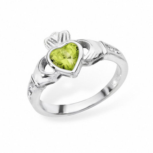 Silver Irish Claddagh Ring featuring a Green Heart Stone and Classic Design